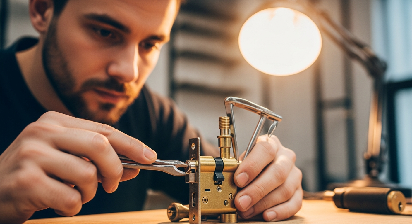 Professioneller Schlüsseldienst arbeitet an Türschloss in Frankfurt
